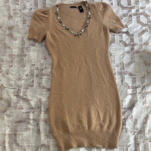 Moda International Tan Mini Dress with Embellished Neckline